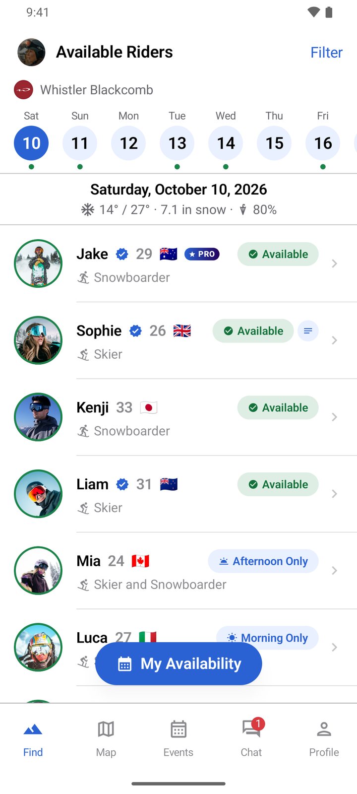 Find available riders screen in the Broski Android app