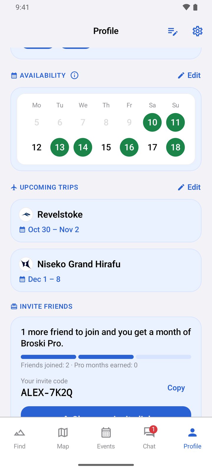 Availability & trips screen in the Broski Android app